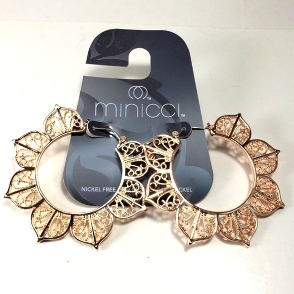 MINICCI Rose Gold tone 2-in Hoop Filigree Design Drop Earrings - Women's Jewelry - Picture 1 of 5